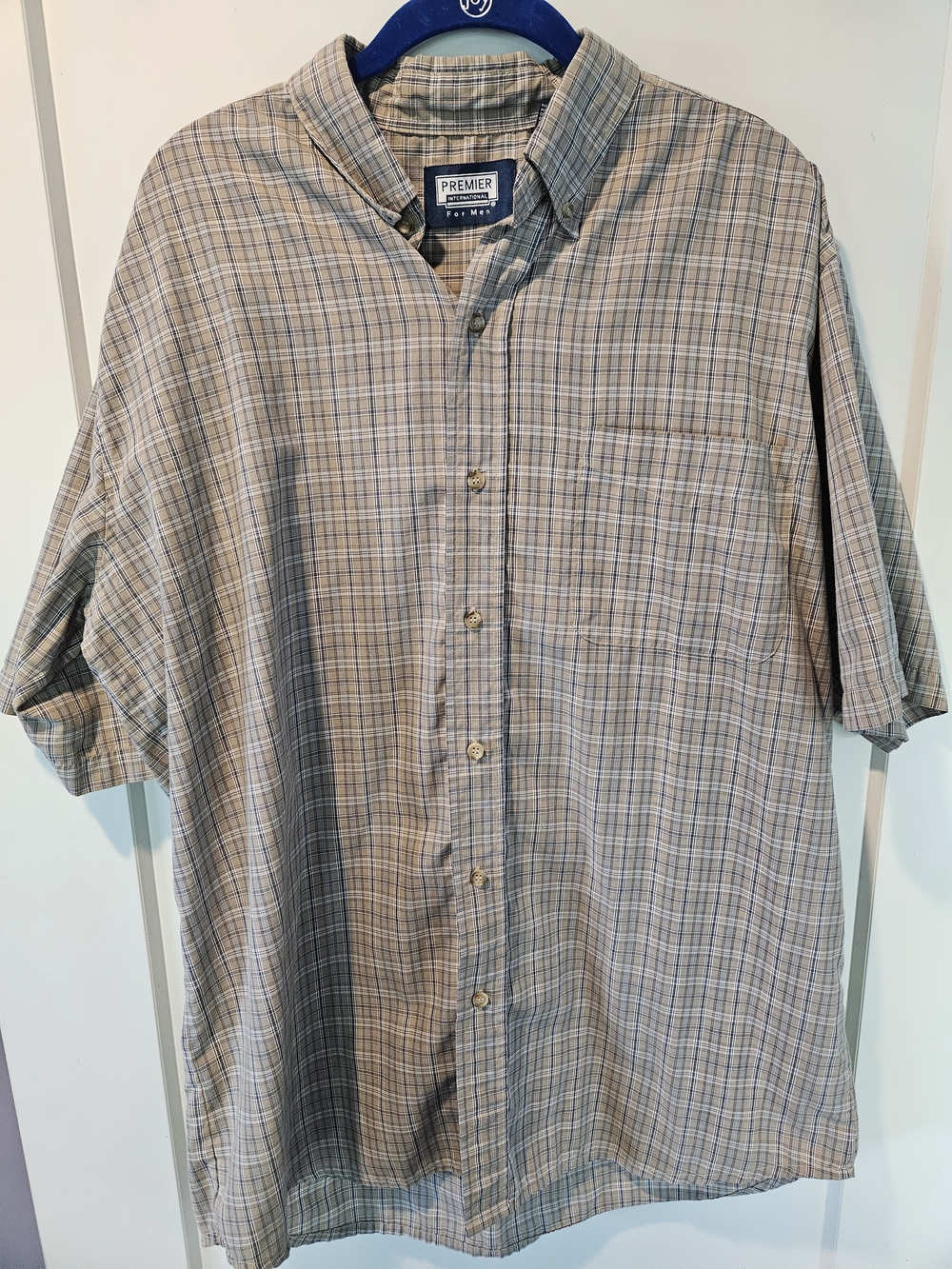 Premier International Plaid Button Up Shirt Tan Blue Short Sleeve